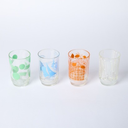 A Set of Four Retro Colourful Glass Drinking Glasses