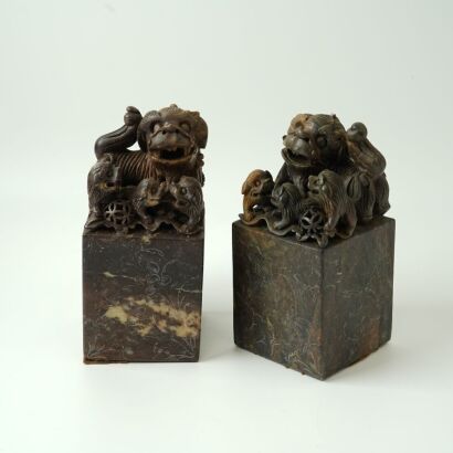 A Pair of Old Chinese Qingtian Stone Lion Seals
