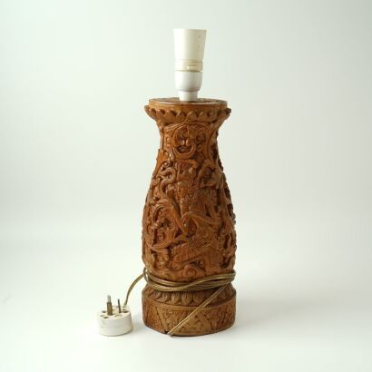 An Asian Carved Wooden Lamp Base Decorated with Figures