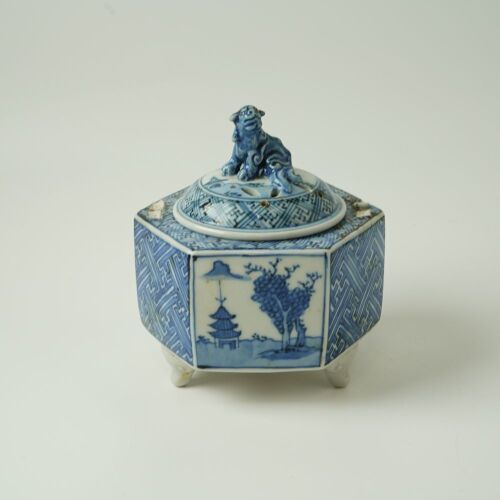 A Japanese Meiji-Period Blue and White Hexagonal Incense Burner