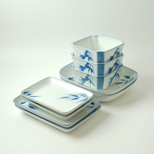 A Group of Nine Japanese 20th Century Blue and White &lsquo;Bamboo&rsquo; Bowls and Dishes
