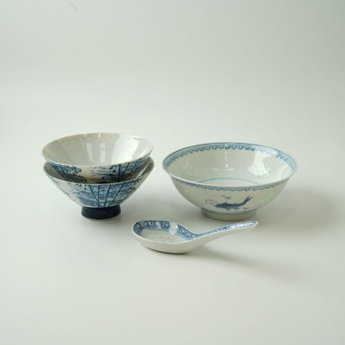 A Chinese Blue and White 'Fish' Bowl and Spoon AND Two Japanese Blue and White Bowls
