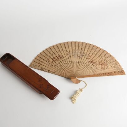 A Chinese Sandalwood Folding Fan with Original Wooden Box