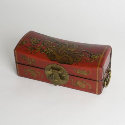 A Early 20th Century Chinese Red Lacquer Gilt Floral and Bird Pillow Box
