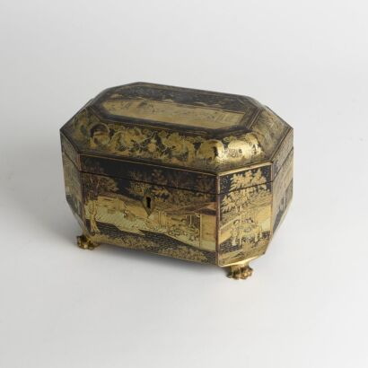 A Chinese 19th Century Qing Dynasty Black Lacquer and Gilt &lsquo;Figural and Landscape&rsquo; Tea Candy Box
