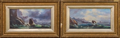 A Pair of Antique Oil On Board Wild Seascape Paintings in a Gilded Frame