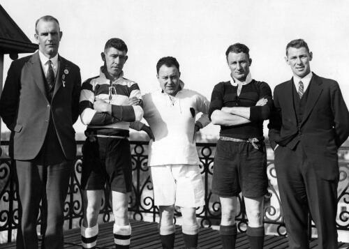 F. E. Sutherland (Manager Auckland), Swinbourne Hadley (Auckland captain), Referee: Samuel Hollander (Canterbury), Anthony Ian 'Beau' Cottrell (Canterbury captain), James Tthomas 'Jim' Burrows (Canterbury Selector)