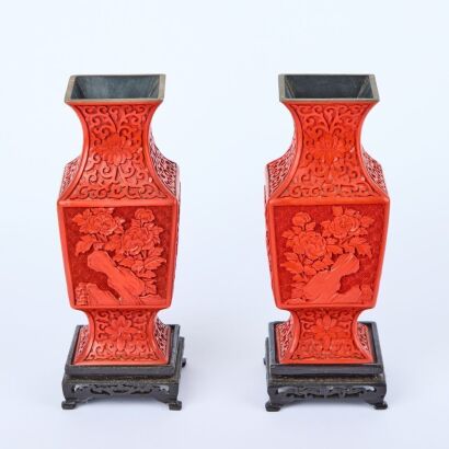 A Pair of Carved Chinese Vases of Cinnabar Type