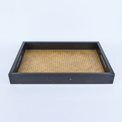 A Handcrafted Wood and Woven Rattan Large Serving Tray With Handles