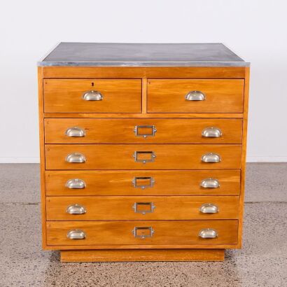 A Bank of Vintage Rimu Museum Drawers