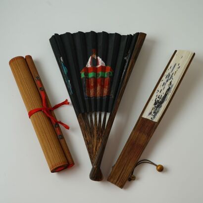 Two Chinese Folding Fans and a Bamboo Hanging Scroll with Landscape Painting