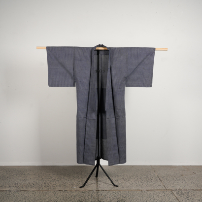 A Set of Two Japanese Mid 20th-Century Ladies Kimonos With White Dot Cloth On Blue Background