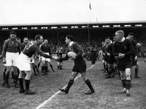 H.J.Simon (Otago captain) greets G.H.Brand (Springbok captain) before game at Carisbrook