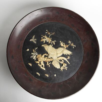 A Large Japanese Early 20th Century Black Lacquer Charger Inlaid with Floral and Bird Motifs