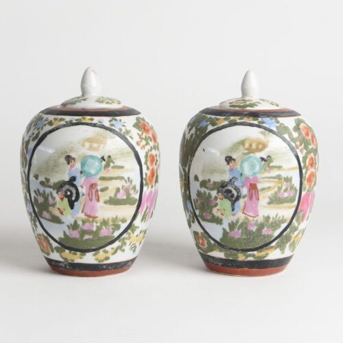 A Pair of Chinese Polychrome &rsquo;Figural&lsquo; Lidded Jars