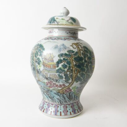 A Chinese Famille-rose &lsquo;Pavilion and Figural&rsquo; Jar and Cover