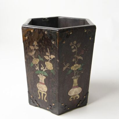 A Chinese Hexagonal Wood Brush Pot with Inlaid Decoration