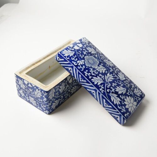 A Chinese Jingdezhen Blue and Whilte Blue-ground' White Floral' Rectangular Stationary Box