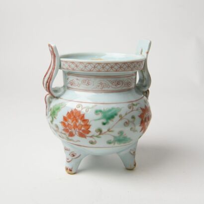 A Chinese Iron-red Enamelled Handled Incense Burner