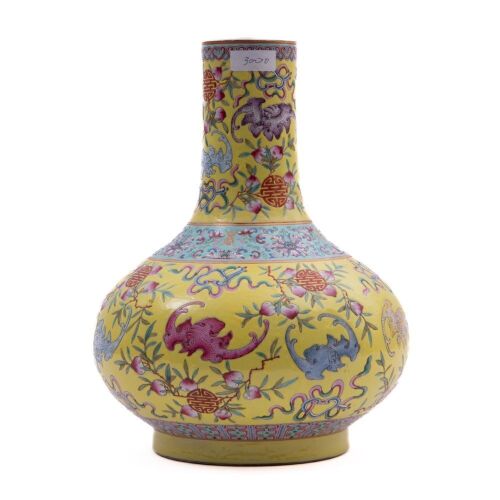 A Chinese Yellow-ground Famille-rose 'Bats and Peaches' Hu Vase (Da Qing Guangxu Nian Zhi Mark)