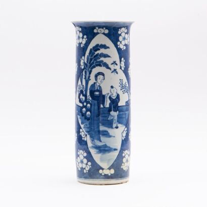 A Chinese Late Qing Dynasty Blue and White ' Figural and Story' Cylinder Vase