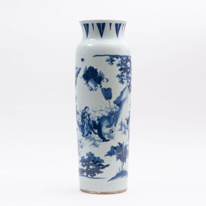 A Chinese Late Ming Chongzhen Style Blue and White 'Figural and Story' Cylinderl Vase