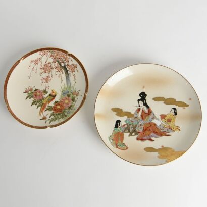 A Pair of 20th Century Japanese Satsuma 'Figural, Bird and Flower' Dishes