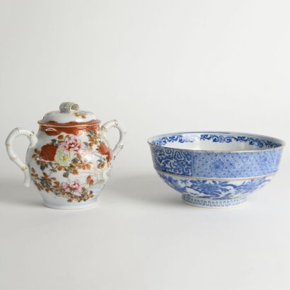 A Japanese 20th Century Blue and White &lsquo;Lady&rsquo; Bowl AND A Kutani Handled 'Bird and Flower' Vase
