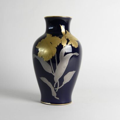 A Japanese 20th Century Blue-glazed 'Gilt and Silver Flora' Vase