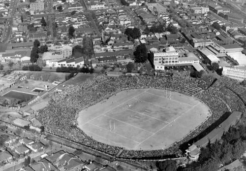 Ellis Park Rugby football grounds in Johannesburg photographed from the air during a match between All Blacks and Transvaal fifteen