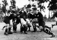 Laurence Theodore 'Larry' Savage (New Zealand half-back) running around on blind side vs Easrern Transvaal