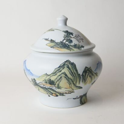 A Chinese Painted Landscape Jar with Cover