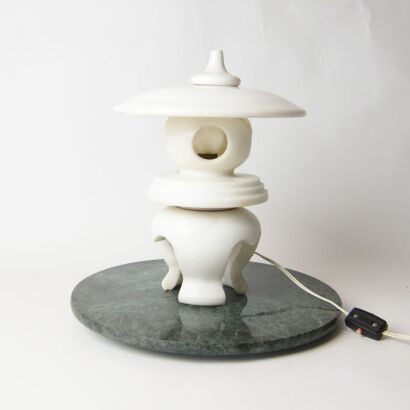 A Stone Carved Lamp AND A Circular Stone Tray