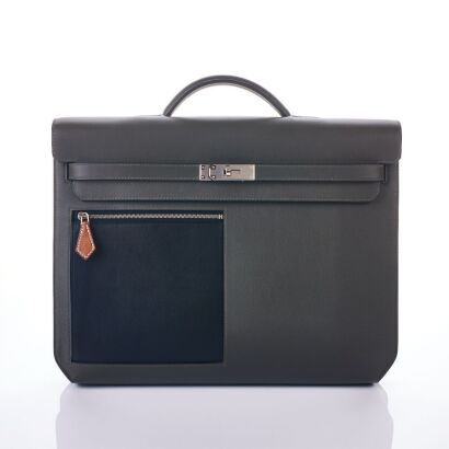 Herm&egrave;s, Depeches 36 Veau Evercolour Vert de Gris / Noir / Fauve Briefcase, with Box