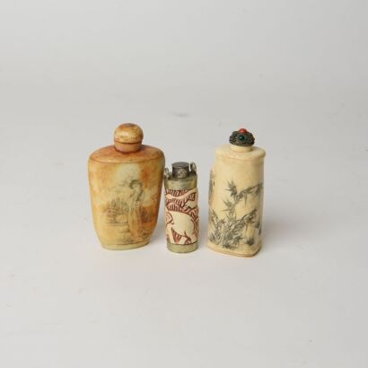 A Group of Three Chinese Bone Carved &lsquo;Floral and Lady&rsquo; Snuff Bottles