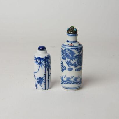 A Set of Two Chinese Blue and White Porcelain Snuff Bottles