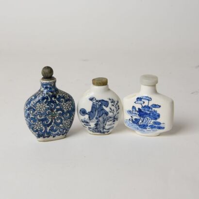 A Group of Three Chinese Blue and White &lsquo;Figure and Floral&rsquo; Porcelain Snuff Bottles