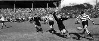 B. Butler (Western Province wing-three-quarters) kicks. P. Henderson (New Zealand wing-three-quarters) and F.R. Allen attempt to intercept