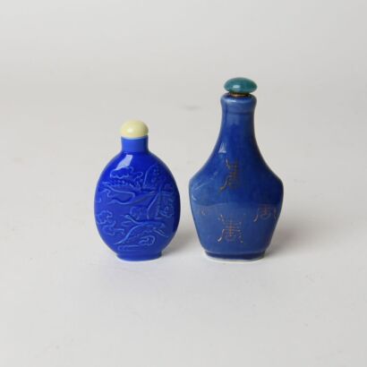 A Pair of Chinese Blue-glazed Porcelain Snuff Bottles