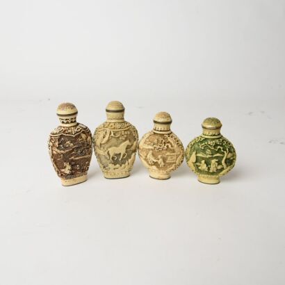A Group of Four Chinese Resin Carved &lsquo;Horse, Figure, and Landscape&rsquo; Snuff Bottles