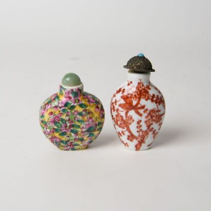 A Pair of Chinese Painted &lsquo;Bird and Flower&rsquo; Porcelain Snuff Bottles