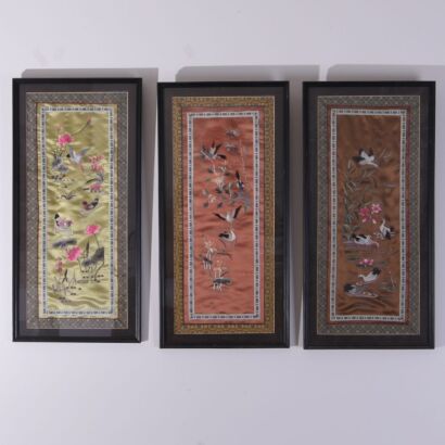 A Group of Three Chinese 20th Century Floral and Bird Embroidery Pieces