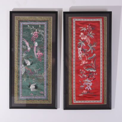 A Set of Two Chinese 20th Century Floral and Bird Embroidery Pieces