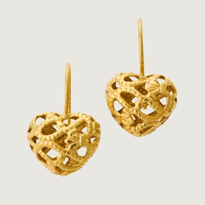 18ct Yellow Gold, Heart Shaped Hollow Drop Earrings