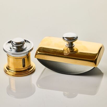 El Casco, Chrome / 23ct Gold Plated Rocker Blotter / Ink Well Set