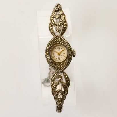 Sterling Silver, 15mm Marcasite Set Hand-wound Swiss Made Cocktail Wristwatch