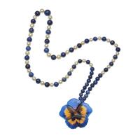 Lapis Lazuli and Pearl Necklace with Flower Pendant