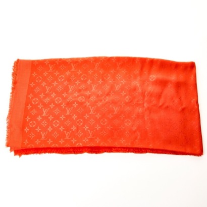Louis Vuitton, Orange Monogram Silk / Wool Scarf with Box