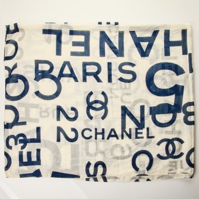 Chanel Logo White / Navy Cotton Shawl