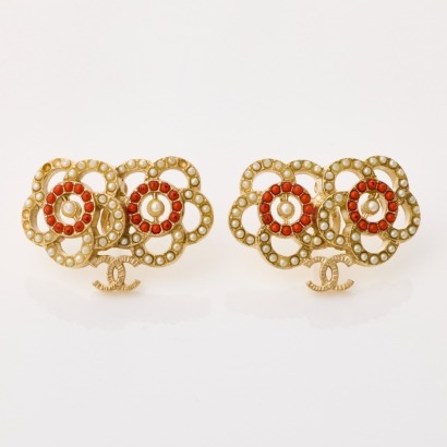 Chanel, Costume Pearl / Coral Coloured Stud Earrings